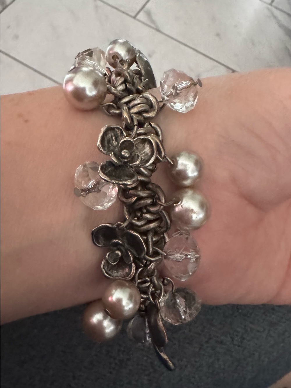 Silver Floral Charm Bracelet with Pearlescent Beads